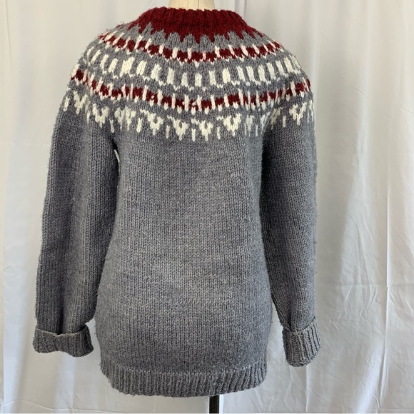 Hand Knit Grey and Red Fair Isle Women's Knit Sweater - Picture 5 of 5